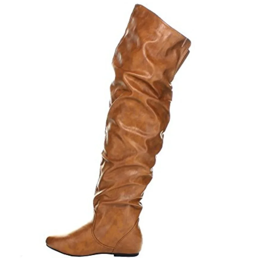 🧡 Over-the-Knee Slouchy Flat Boot – Tan Faux Leather • Pull-On • Elastic Gusset
